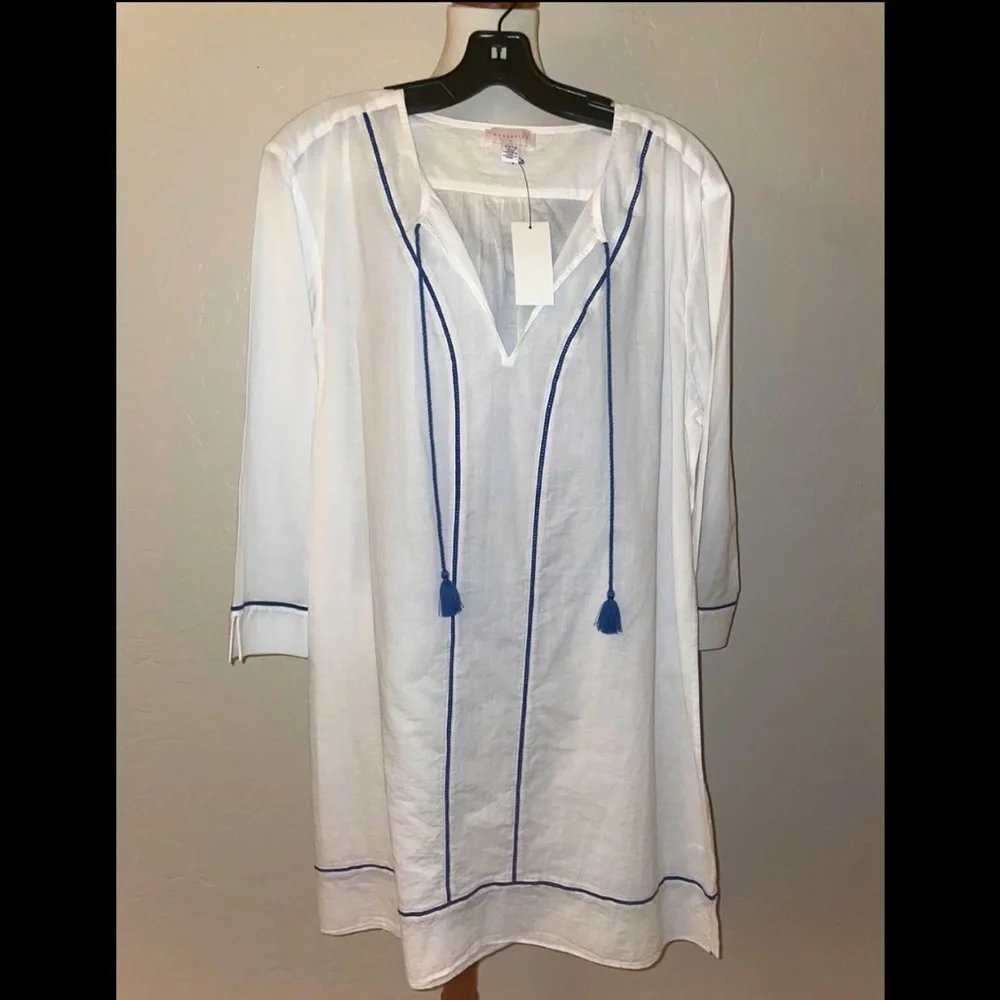 New!! Marabelle White/Navy Shirtdress Tassel Swim Coverup Size Large🤍🌊 - Picture 5 of 11